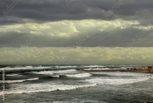 Storm on the Mediterranean Sea. Stormy sky  rain