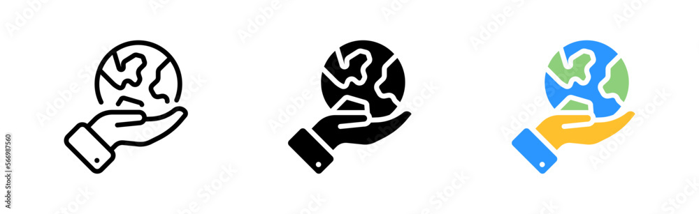 Globes in the hand set icon. Map, location, gear, pointer, satellite, orientation, space, destination. Geolocation concept. Vector icon in line, black and colorful style on white background Globes in the hand set icon. Map, location, gear, pointer, satellite, orientation, space, destination. Geolocation concept. Vector icon in line, black and colorful style on white background