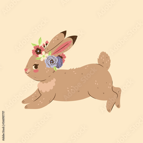 Cute easter bunny in a flower wreath. Vector graphics. © Екатерина Зирина