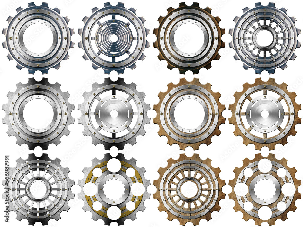 Collection of metal gears (cogwheels), isolated on white or transparent background, 3d illustration, png. Collection of metal gears (cogwheels), isolated on white or transparent background, 3d illustration, png.