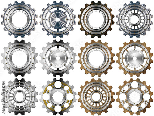 Collection of metal gears (cogwheels), isolated on white or transparent background, 3d illustration, png.