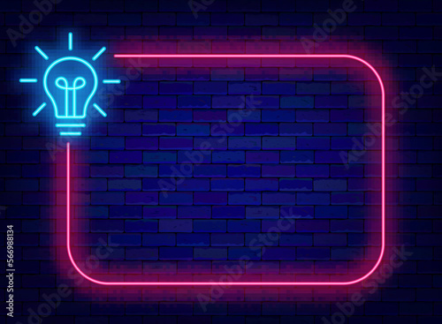 Light bulb in rectangular frame. Neon banner. Idea and brainstorm concept. Vector stock illustration