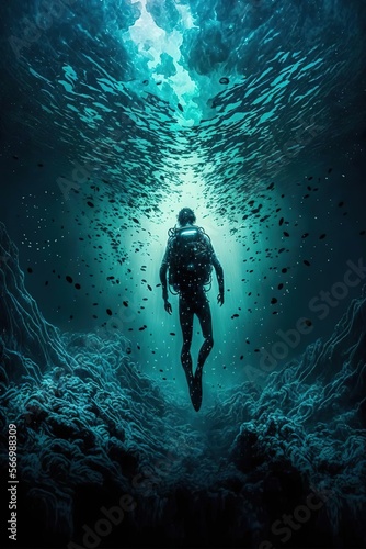 a diver swims to the surface, a deepsea trench, survival diver, terrifying trench discovery, Ai Generative, illustration photo