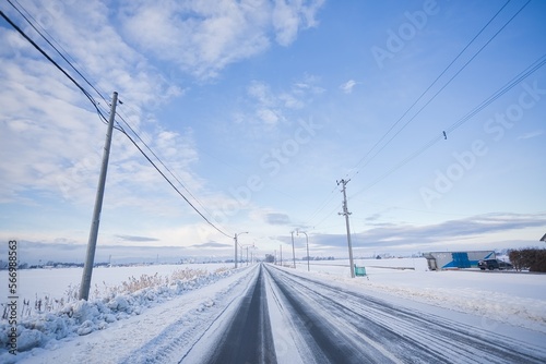 冬の道雪に覆われた真っ直ぐの道路