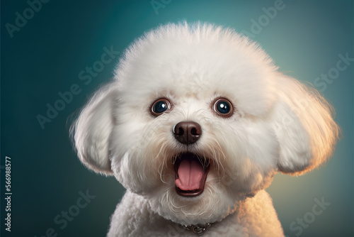 Studio portrait of a bichon frise dog with a surprised, concept of Pet Photography and Surprised Expression, created with Generative AI technology photo