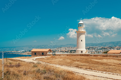 Lighthouse in the old town of Paphos, Archaeological Park of Cyprus.