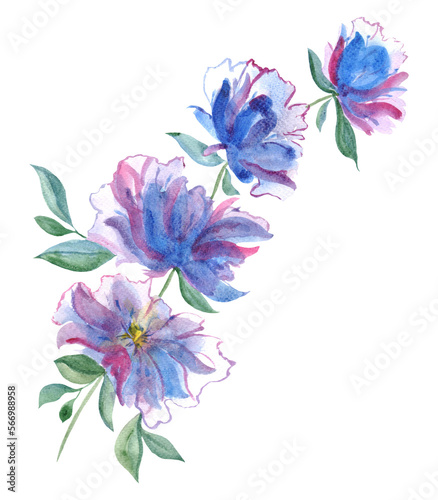 Watercolor fantasy flower with green leaves and blue blossoms on white background