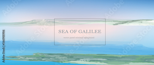 Israel. Sea of Galilee. Aerial view panorama. Nature background with place for text. Horizontal web banner. Watercolor landscape. 