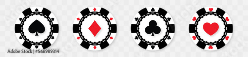 Poker chips gambling icon set isolated on transparent background. Casino plaining white and red chip. Round token with shadow. Vector illustration.