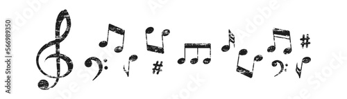 Music notes in hand drawn style. Musical drawing note isolated on white background. Black melody key in grunge texture. Vector illustrator.