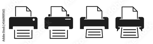 Printer icon set. Office printer with paper document graphic image. Print press pictogram isolated on white background.