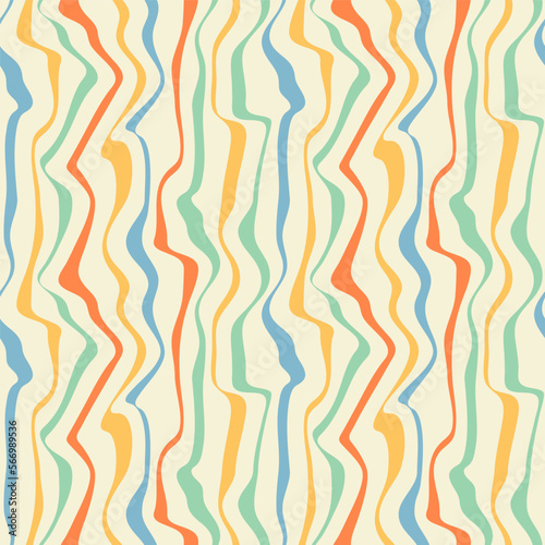 Distorted lines psychedelic seamless pattern. Retro 70s 90s 00s style texture. Groovy colorful waves background for textile, paper, poster. Abstract wavy template. Vector illustration.