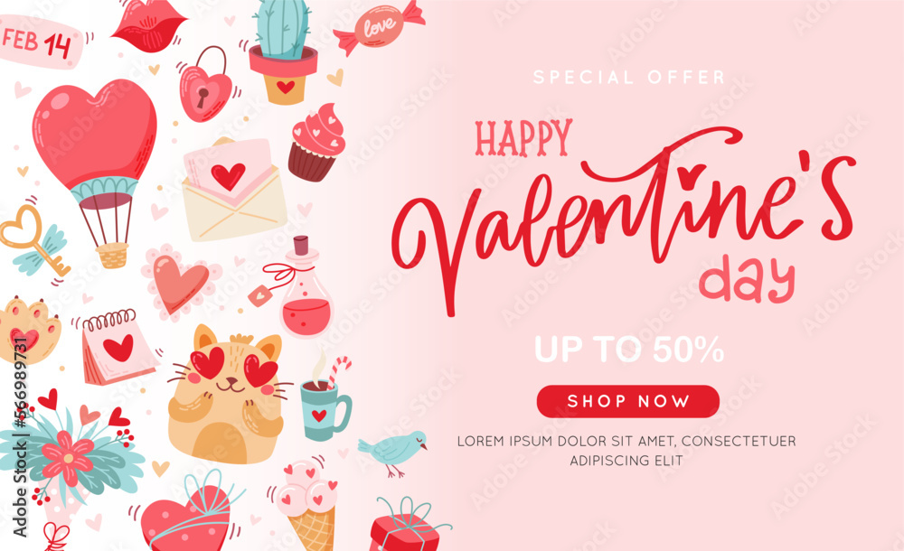 Valentines day sale banner with cute elements, hand drawn calligraphy on pink background, Vector illustration Valentines day sale banner with cute elements, hand drawn calligraphy on pink background, Vector illustration