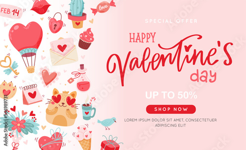 Valentines day sale banner with cute elements, hand drawn calligraphy on pink background, Vector illustration © Biscotto Design