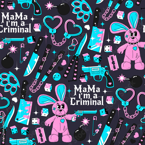 Y2k, 90s neon seamless pattern. Funny gangster rabbit with gun and criminal objects. Vector background in pink, blue and black colors. Cartoon retro style
