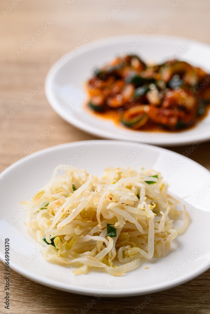 Mung bean sprouts salad and kimchi cucumber, Korean food side dish