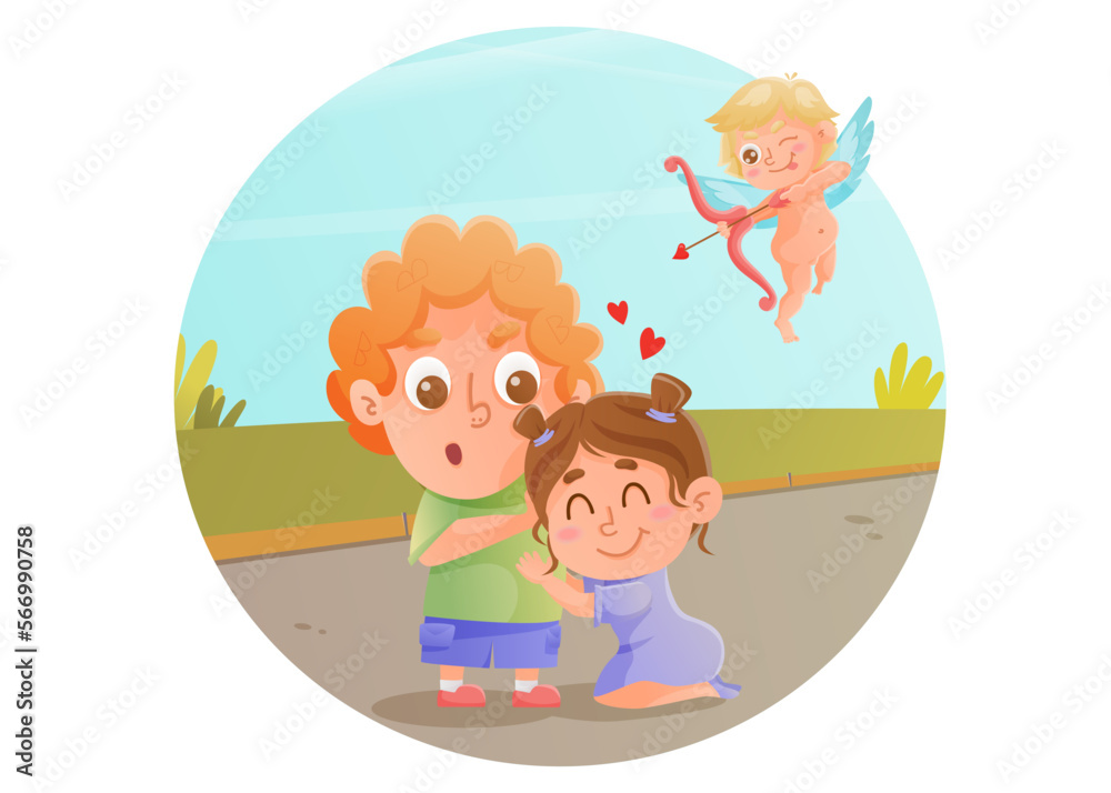 Unrequited, One Sided Love, Cute couple flirting, cupid helping. Sticky girl. Concept Vector Illustration Unrequited, One Sided Love, Cute couple flirting, cupid helping. Sticky girl. Concept Vector Illustration