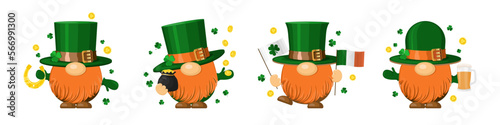 Set of lucky Irish gnomes with green hats, gold coins and celebration Saint Patrick's Day