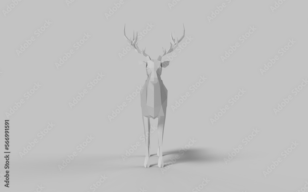 Low poly polygonal animal deer in grey white colour on solid background advertisement ready with free space for text front camera view 3d rendering image