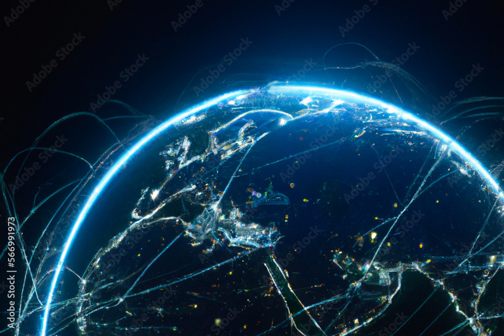 Planet Earth in blue light with Communication technology network connections, data transfer between cities and continents, internet network around the world from space