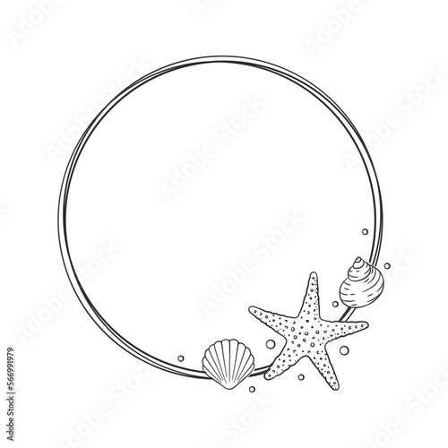 Seashells frame. Sea and ocean hand drawn design template. Vector illustration summer or beach party advertising design