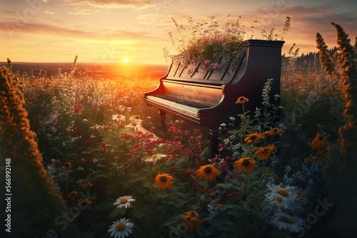  piano in nature at sunset. Flower. Generative AI