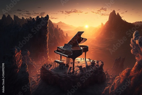  piano in nature at sunset. Hill. Generative AI