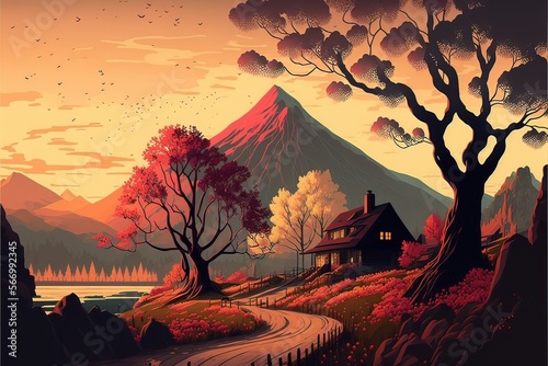 illustration of a landscape  sunset in the mountains  Generative AI