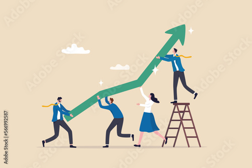 Murais de parede Team growth, teamwork to help improve working and achieve success, work together or cooperate to increase efficiency concept, business people help pushing green graph and chart arrow rising up