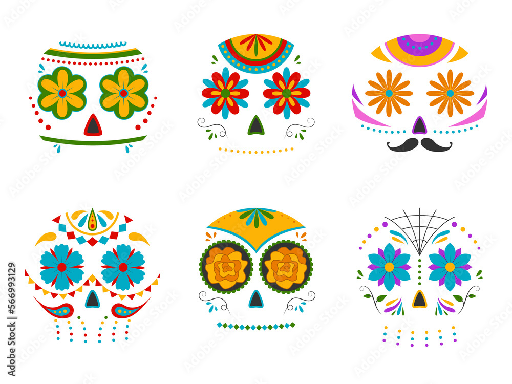 Collection of traditional sugar Mexican skull. Day of the dead skull. Illustration on transparent background Collection of traditional sugar Mexican skull. Day of the dead skull. Illustration on transparent background
