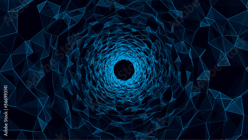 Abstract wireframe tunnel. Vector wormhole. 3D portal grid. Futuristic fantasy funnel.