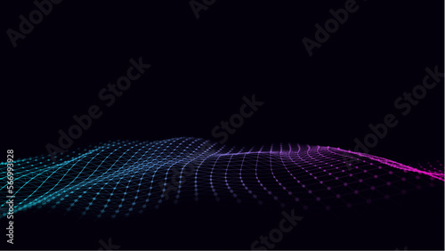 Abstract technology wave of particles. Big data visualization. Vector background with motion dots and lines. Artificial intelligence.