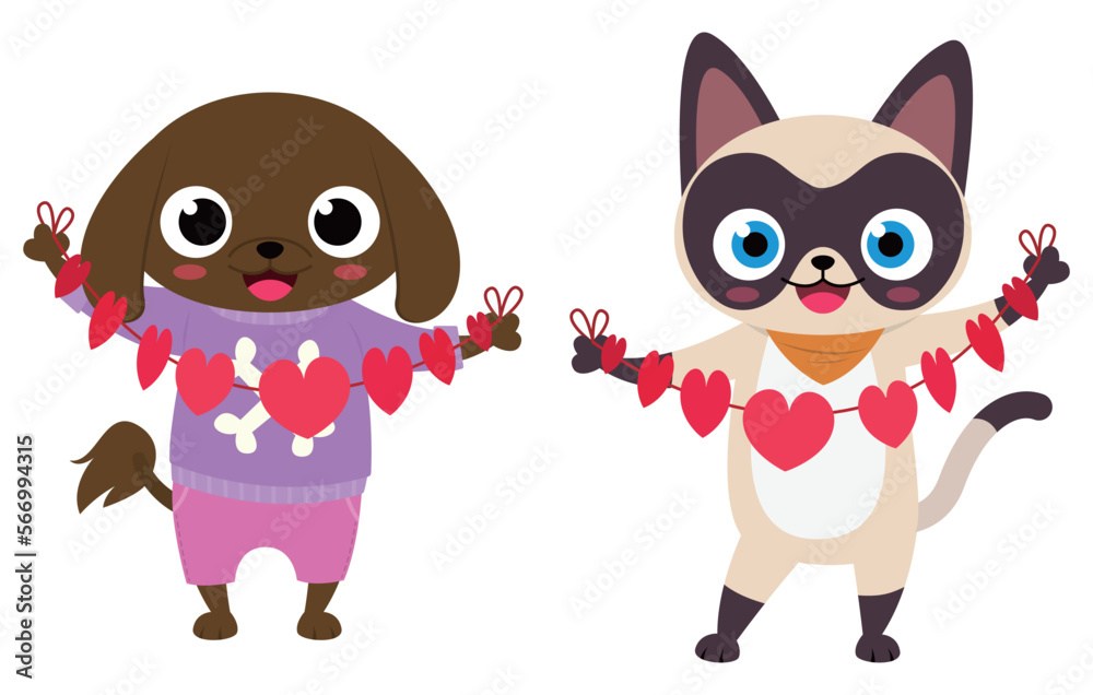 A friendly cat and dog are holding heart decorations A friendly cat and dog are holding heart decorations