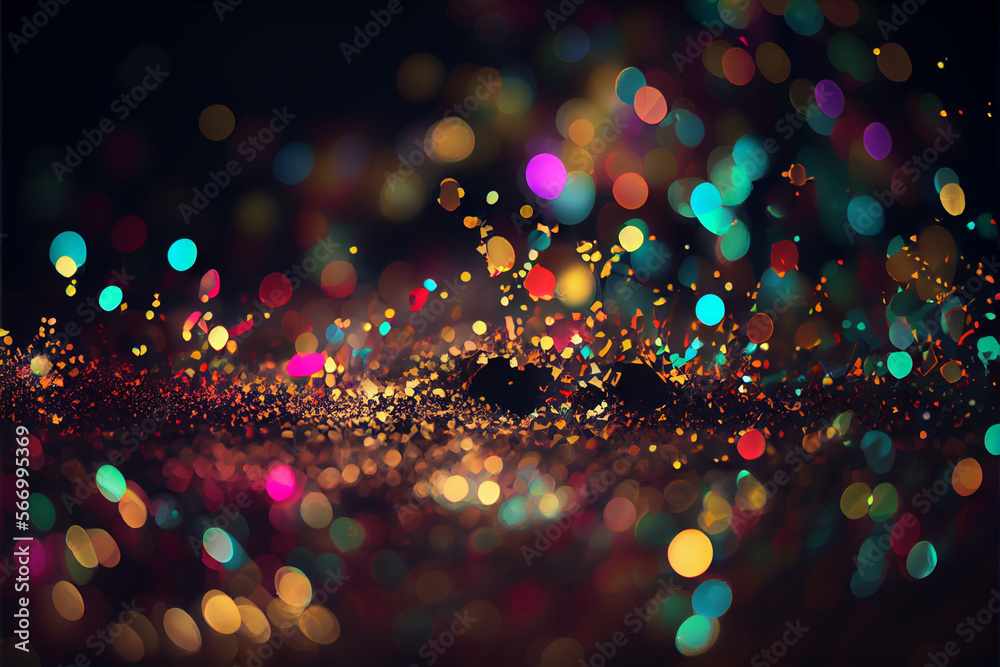 Festive golden dust, glitter bokeh background. Colorful blue and orange light. Copy space for art party project. Abstract sparkles shining, beautiful texture, bokeh. High quality ai generated