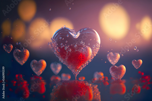  A heart-shaped bubble amidst a magical flurry of glowing hearts against a bokeh light background, symbolizing love and dreaminess, AI generated.