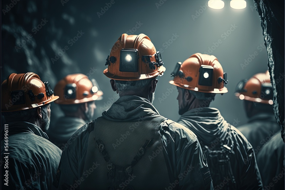 High resolution illustration with a group of miners in a mine, uniforms