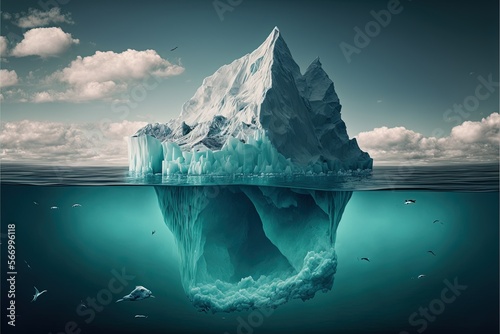 A scene illustrating a huge iceberg in the middle of a cold ocean, only the top is visible, the most important thing is hidden in the depths, get rid of the framework of thinking, be extraordinary. AI