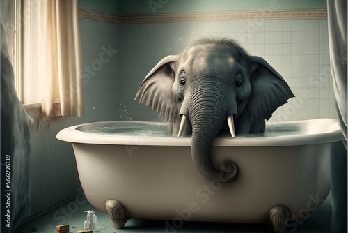 Funny illustration in high resolution, elephant takes a shower, foam. soap, shampoo, spa. pure magic. fabulous, vintage bathtub, tile, hot water, pachyderm, childish, poster, take care. AI