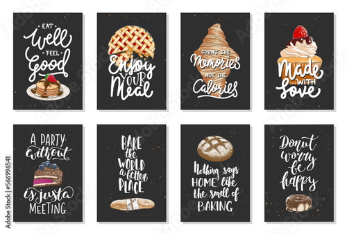 Set of 8 vector bakery posters with hand drawn unique funny lettering design element for kitchen decoration, prints and advertising cafe wall art. Engraved sketch of cupcake, pancakes, pie, croissant.