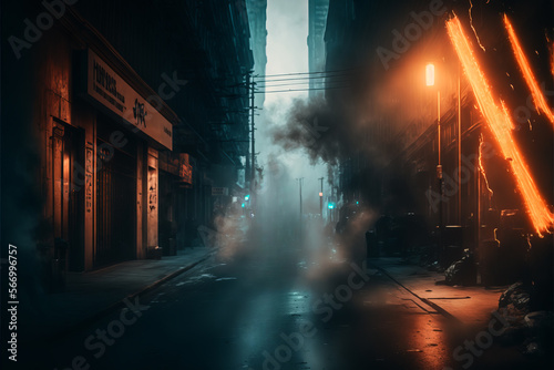 futuristic cyberpunk streets and buildings with light and fog illustration background created with a  Generative AI technology	