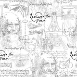 BLACK AND WHITE SEAMLESS VECTOR BACKGROUND WITH LEONARDO DA VINCI SKETCH DRAWINGS
