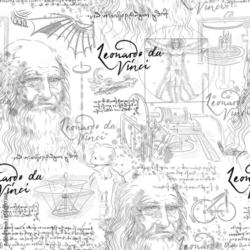 BLACK AND WHITE SEAMLESS VECTOR BACKGROUND WITH LEONARDO DA VINCI SKETCH DRAWINGS