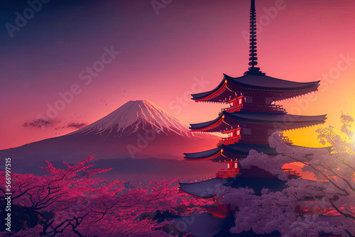 Chureito Pagoda and majestic Mount Fuji in spring. Fujiyoshida town in the Yamanashi Prefecture of Japan at sunset. Constructed in the 1960s to pay homage to those who lost their lives in World War II