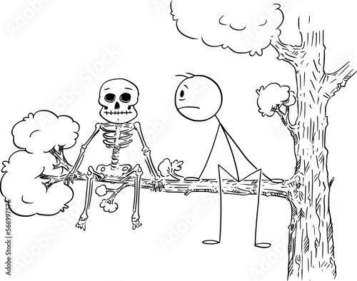 Person Sitting on Tree Watching Skeleton Beside , Vector Cartoon Stick Figure Illustration