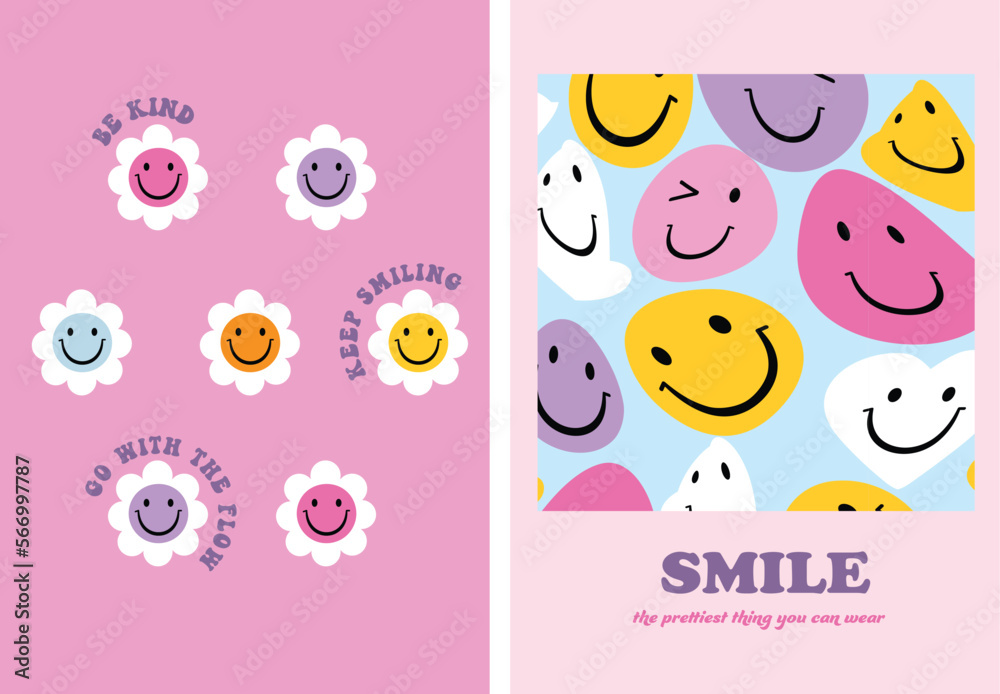 90s Y2k Illustration of cute smiling flowers with inspirational words in retro style concept. Background for posters, greeting card, wall art etc. 90s Y2k Illustration of cute smiling flowers with inspirational words in retro style concept. Background for posters, greeting card, wall art etc.