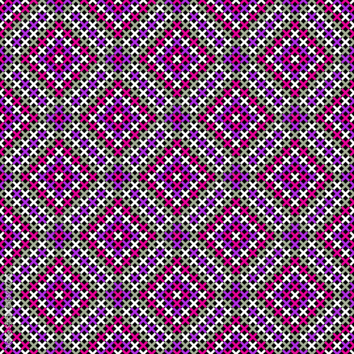 BLACK SEAMLESS VECTOR BACKGROUND WITH GEOMETRIC CROSS STITCH PATTERN IN PINK SHADES