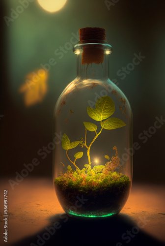 Small plant inside a glass bottle generative AI