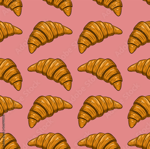 PINK SEAMLESS VECTOR BACKGROUND WITH FRESH DELICIOUS CROISSANTS