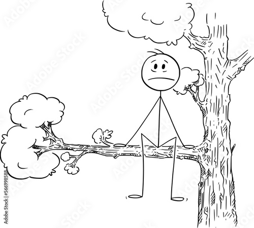 Unhappy Person Sitting on Tree, Vector Cartoon Stick Figure Illustration