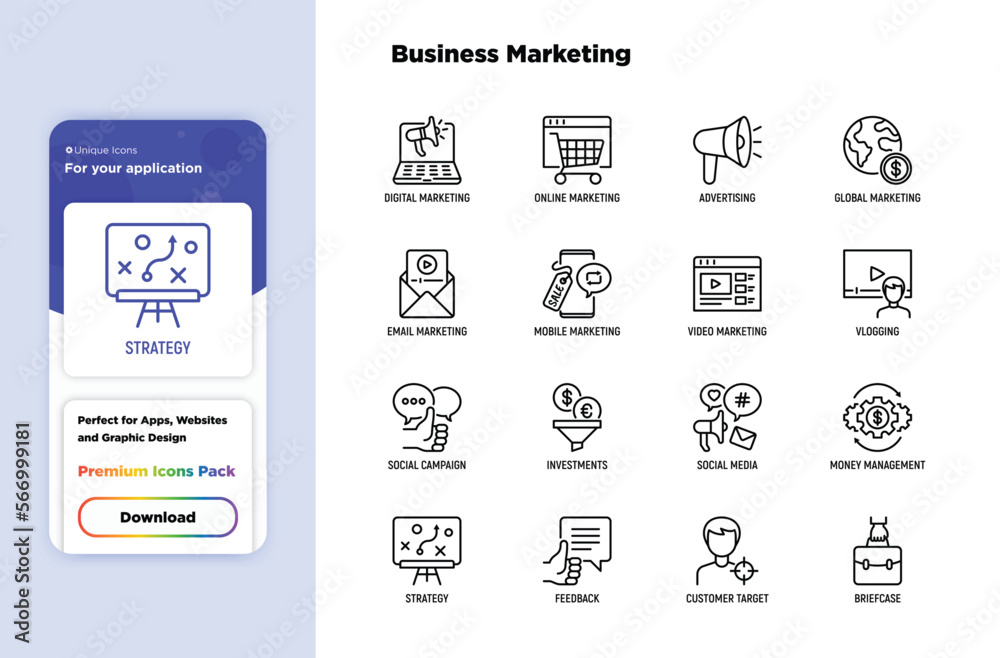 Business marketing thin line icons set: digital marketing, online shopping, advertising, social media, e-mail marketing, vlogging, feedback, strategy, customer target, briefcase. Vector illustration.